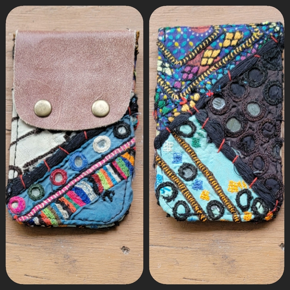 🧠🍳 Free People Boho Embroidered Repurposed vtg banjara hippie Wallet card case